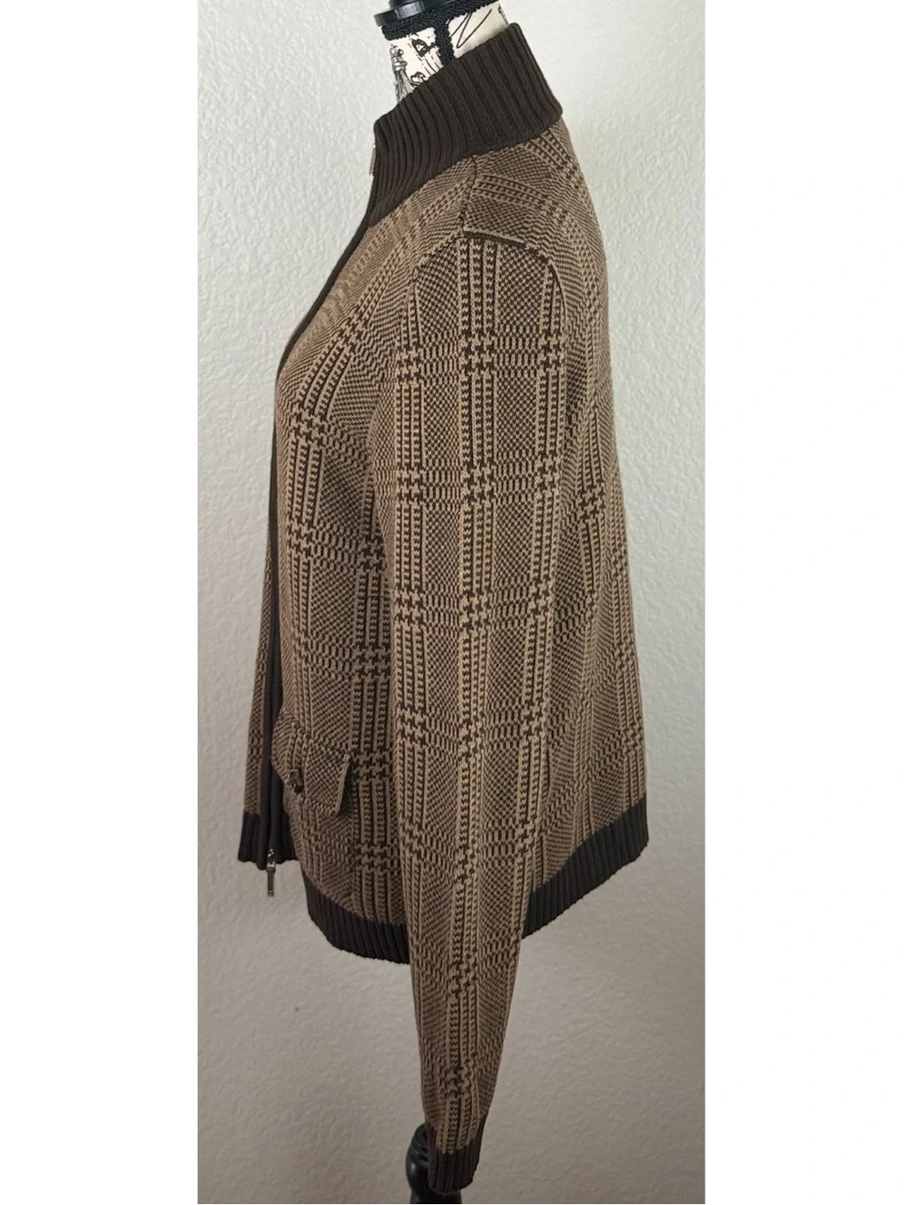Lauren Ralph Lauren Houndstooth Plaid Knit Zip-Up Cardigan Jacket Large